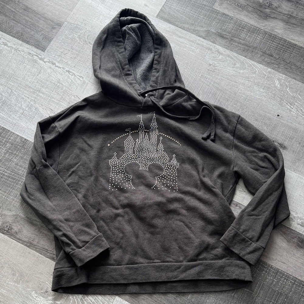 Disney Parks Charcoal Hoodie with Castle and Mickey Mouse sequin Design medium M